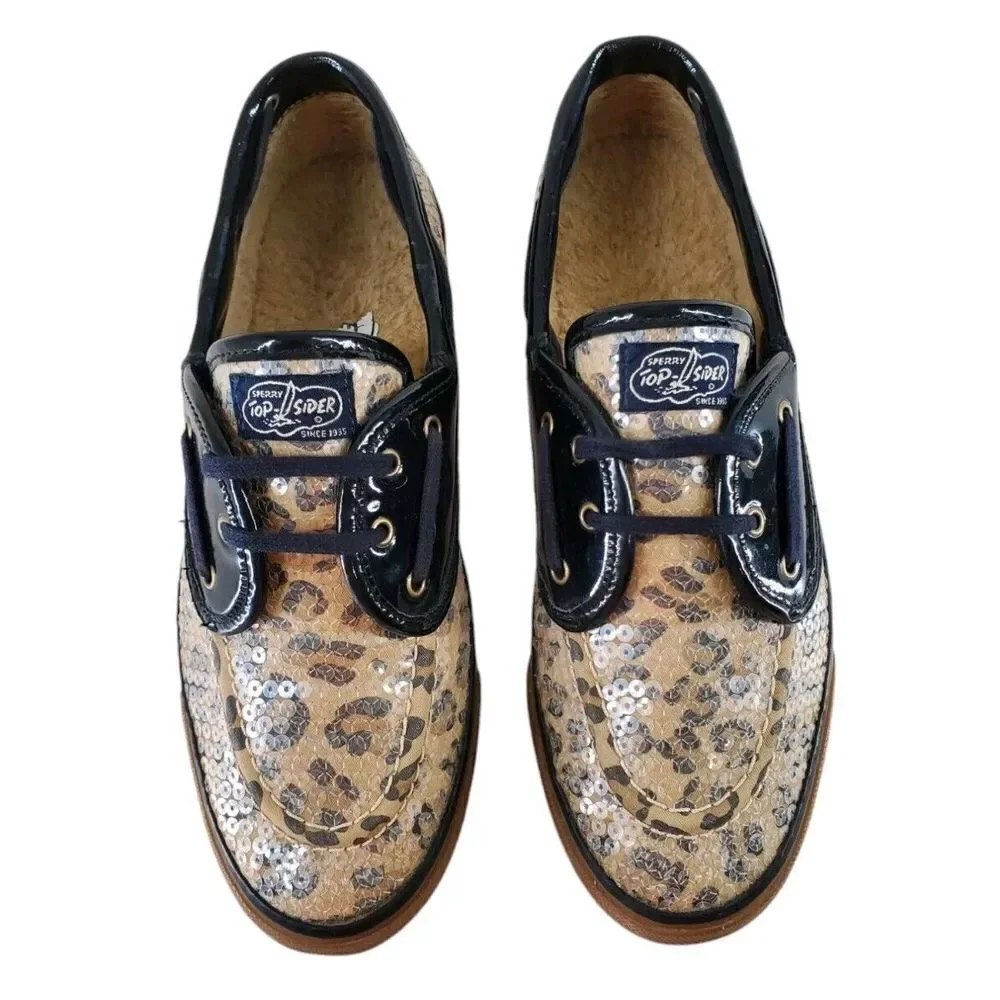 Sperry Topsider Cheetah Print Sequin Leather Sherpa Lined Boat Shoe Womens 9 M